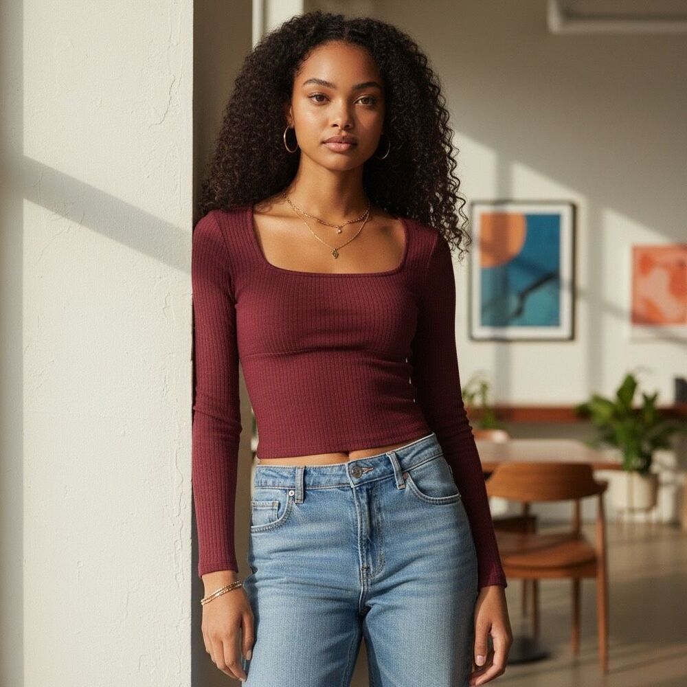 Urban Outfitters Orla Square Neck Ribbed Long Sleeve Crop Top Burgundy XS